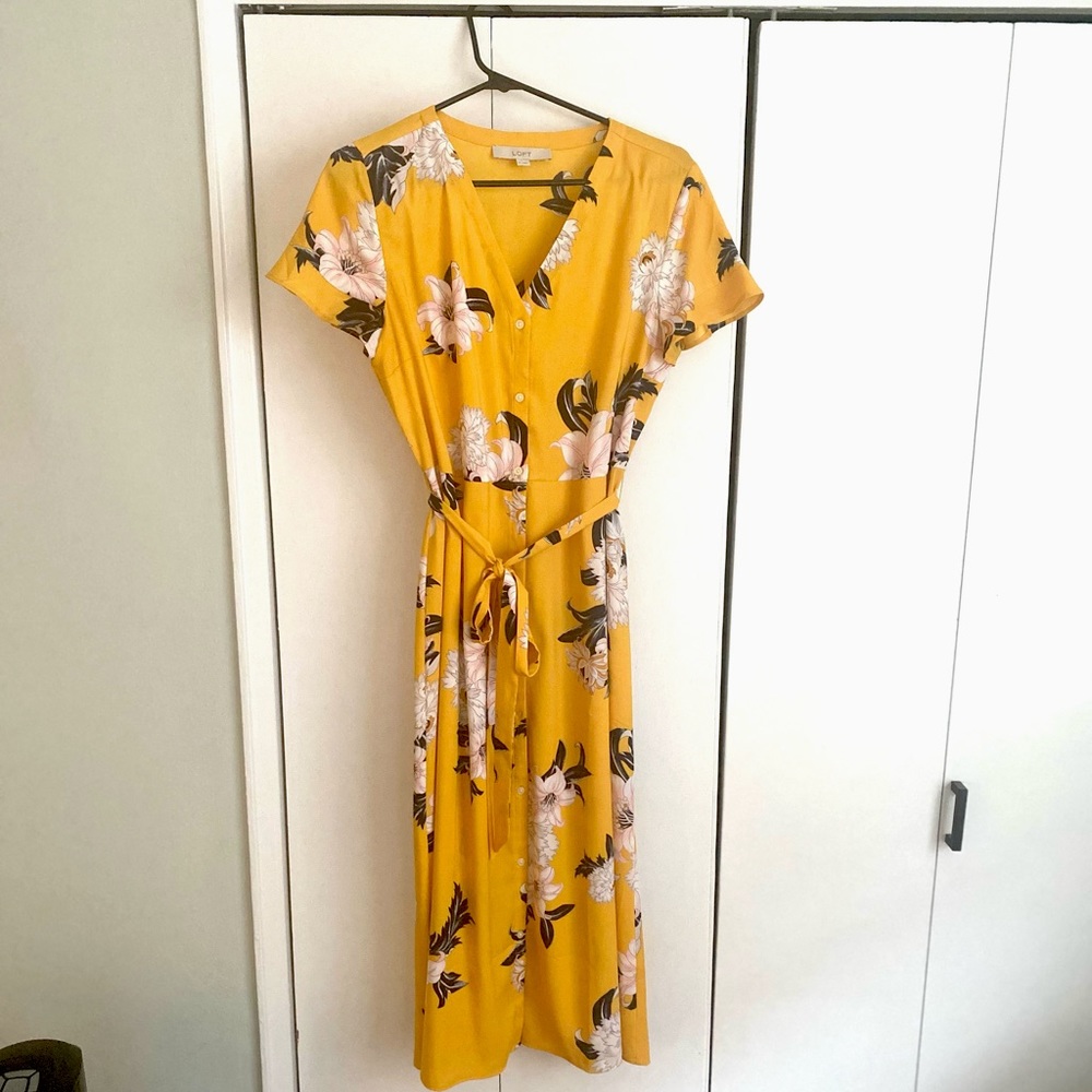 LOFT Yellow Floral Midi Dress